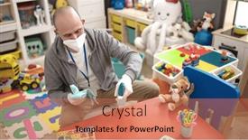  Presentation with medical teacher - Presentation design consisting of young-bald-man-preschool-teacher background and a coral colored foreground