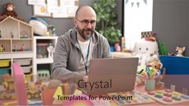  Presentation with preschool - PPT layouts featuring young-bald-man-preschool-teacher and a coral colored foreground