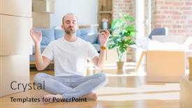  Presentation with new home - Colorful presentation theme enhanced with young bald man sitting on the floor around cardboard boxes moving to a new home relax and smiling with eyes closed doing meditation gesture with fingers yoga concept backdrop and a coral colored foreground