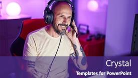  Presentation with streamer - Presentation theme enhanced with young-bald-man-streamer-playing background and a violet colored foreground