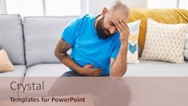  Presentation with head ache - Presentation featuring young-bald-man-suffering background and a coral colored foreground