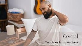  Presentation with injury - PPT theme having young-bald-man-suffering background and a mint green colored foreground