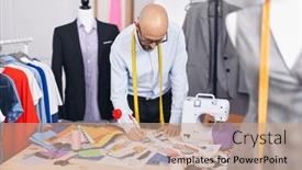  Presentation with bald - Slide set featuring young-bald-man-tailor-drawing background and a coral colored foreground