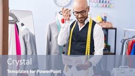  Presentation with voice - Presentation theme featuring young-bald-man-tailor-listening background and a  colored foreground