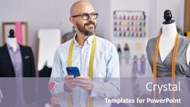  Presentation with bald - PPT theme having young-bald-man-tailor-smiling background and a gray colored foreground