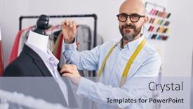  Presentation with bald - Presentation theme with young-bald-man-tailor-smiling background and a light blue colored foreground