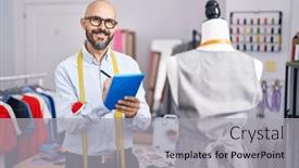  Presentation with bald - PPT layouts having young-bald-man-tailor-smiling background and a light gray colored foreground