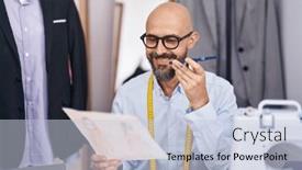 Presentation with bald - Theme having young-bald-man-tailor-talking background and a lemonade colored foreground