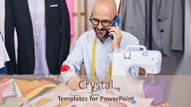  Presentation with bald - Presentation theme with young-bald-man-tailor-talking background and a soft green colored foreground