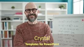  Presentation with bald - Presentation theme consisting of young-bald-man-teacher-smiling background and a tawny brown colored foreground