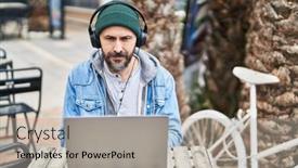  Presentation with coffee shop - Presentation having young-bald-man-using-laptop background and a  colored foreground