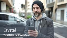  Presentation with bald - Presentation theme having young-bald-man-using-smartphone background and a  colored foreground