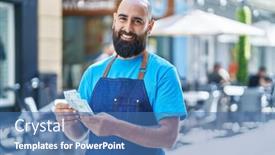  Presentation with counting - Theme consisting of young-bald-man-waiter-smiling background and a ocean colored foreground