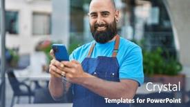  Presentation with bald - Presentation theme featuring young-bald-man-waiter-smiling background and a ocean colored foreground