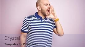  Presentation with blue pink - PPT theme featuring young bald man with beard wearing casual striped blue t-shirt over pink isolated background shouting and screaming loud to side with hand on mouth communication concept background and a light blue colored foreground