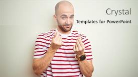  Presentation with salary - Colorful presentation theme enhanced with young bald man with beard wearing casual striped red t-shirt over white isolated background doing money gesture with hands asking for salary payment millionaire business backdrop and a sky blue colored foreground