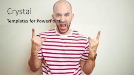  Presentation with star red - Amazing PPT theme having young bald man with beard wearing casual striped red t-shirt over white isolated background shouting with crazy expression doing rock symbol with hands up music star heavy music concept backdrop and a sky blue colored foreground