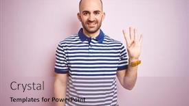  Presentation with pink blue - Amazing presentation theme having young bald man with beard wearing casual striped blue t-shirt over pink isolated background showing and pointing up with fingers number four while smiling confident and happy backdrop and a coral colored foreground