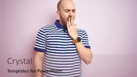  Presentation with pink blue - Presentation theme with young bald man with beard wearing casual striped blue t-shirt over pink isolated background bored yawning tired covering mouth with hand restless and sleepiness background and a coral colored foreground