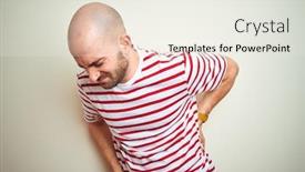  Presentation with back pain - Presentation featuring young bald man with beard wearing casual striped red t-shirt over white isolated background suffering of backache touching back with hand muscular pain background and a sky blue colored foreground