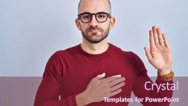  Presentation with hand palm - Slides with young-bald-man-with-beard background and a tawny brown colored foreground