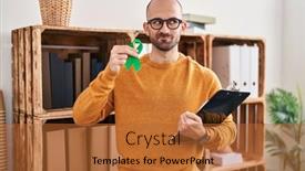  Presentation with ribbon green - Theme with young-bald-man-with-beard background and a red colored foreground