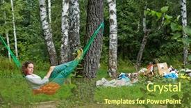  Presentation with garbage - Presentation design consisting of young barefooted woman with discontented face lies in hammock at birchwood near pile of garbage background and a tawny brown colored foreground