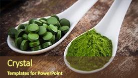  Presentation with spirulina - Presentation design enhanced with nutrition drinks minnerals vitamins - young barley and chlorella spirulina background and a tawny brown colored foreground