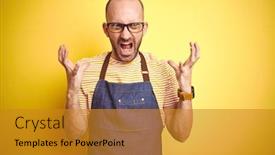  Presentation with bartender - PPT layouts having young bartender man wearing barista apron working as professional over yellow background celebrating mad and crazy for success with arms raised and closed eyes screaming excited winner concept background and a gold colored foreground