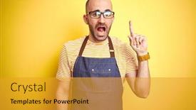  Presentation with bartender - Presentation featuring young bartender man wearing barista apron working as professional over yellow background pointing finger up with successful idea exited and happy number one background and a gold colored foreground
