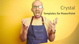  Presentation with bartender - Beautiful slide set featuring young bartender man wearing barista apron working as professional over yellow background crazy and mad shouting and yelling with aggressive expression and arms raised frustration concept backdrop and a yellow colored foreground