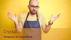  Presentation with bartender - Colorful presentation design enhanced with young bartender man wearing barista apron working as professional over yellow background clueless and confused expression with arms and hands raised doubt concept backdrop and a gold colored foreground