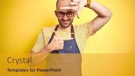  Presentation with bartender - Presentation featuring young bartender man wearing barista apron working as professional over yellow background smiling making frame with hands and fingers with happy face creativity and photography concept background and a gold colored foreground