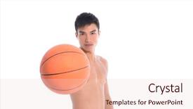  Presentation with basketball - Beautiful presentation featuring beautiful model girl with short hair and red lips beauty and esthetic care backdrop and a light gray colored foreground.