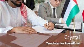  Presentation with partnership - Presentation theme enhanced with young-bearded-arabian-businessman background and a tawny brown colored foreground