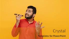  Presentation with voice - PPT theme enhanced with young-bearded-indian-man-sending background and a gold colored foreground