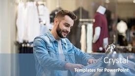  Presentation with mall - Theme enhanced with young-bearded-man-choosing-new background and a teal colored foreground