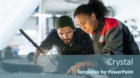  Presentation with engine - Cool new slide deck with young-bearded-man-in-workwear backdrop and a ocean colored foreground