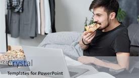  Presentation with bed - PPT theme featuring young-bearded-man-lying background and a light gray colored foreground