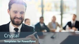  Presentation with financial report - Presentation enhanced with young bearded man making financial report or presentation to audience by whiteboard in conference hall background and a ocean colored foreground