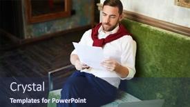  Presentation with information - Slide set with young bearded man sitting on velvet sofa and reading information on paper background and a navy blue colored foreground