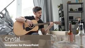  Presentation with curtains - Colorful presentation theme enhanced with young-bearded-man-sitting backdrop and a gray colored foreground