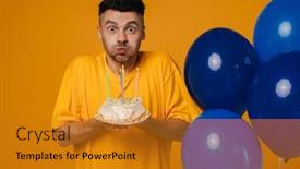  Presentation with blue balloons - Slides having young-bearded-man-wearing-yellow background and a gold colored foreground