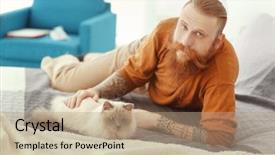  Presentation with cat - Slide deck consisting of young bearded man with fluffy cat lying on bed background and a coral colored foreground