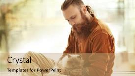  Presentation with cat - Beautiful presentation theme featuring young bearded man with fluffy cat sitting on floor backdrop and a coral colored foreground