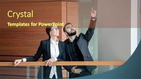  Presentation with company - Colorful PPT layouts enhanced with young-bearded-manager-in-jacket backdrop and a tawny brown colored foreground