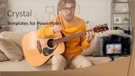  Presentation with teacher - Presentation theme with young-bearded-teacher-of-music background and a soft green colored foreground