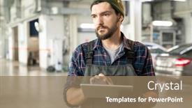  Presentation with service technician - Beautiful PPT layouts featuring young-bearded-technician-of-contemporary backdrop and a coral colored foreground