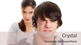  Presentation with young man and a woman - Presentation having young beaten up caucasian man background and a soft green colored foreground