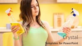  Presentation with kitchen - Presentation theme having young-beatifull-woman-polishing-table background and a lemonade colored foreground